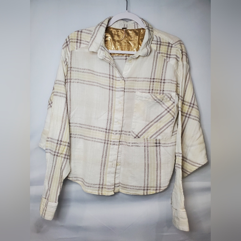 Free People Cutie Plaid Dolman Sleeve Button Up Cropped Shirt Size Large